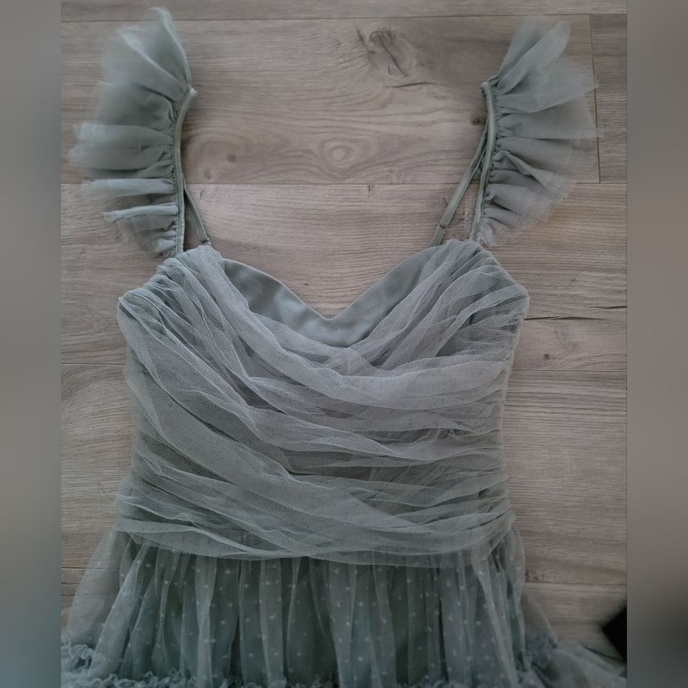 Lulus Pure Radiance Sage Brush Mesh Swiss Dot Tiered Maxi Dress sz XS - Picture 5 of 6